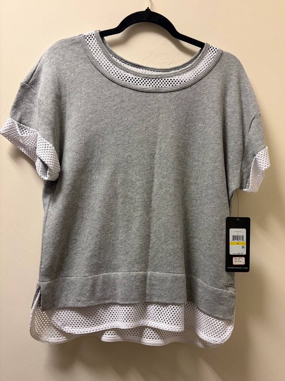 Andrew Marc Gray Short-Sleeve Sweatshirt with White Mesh Trim Women’s Medium